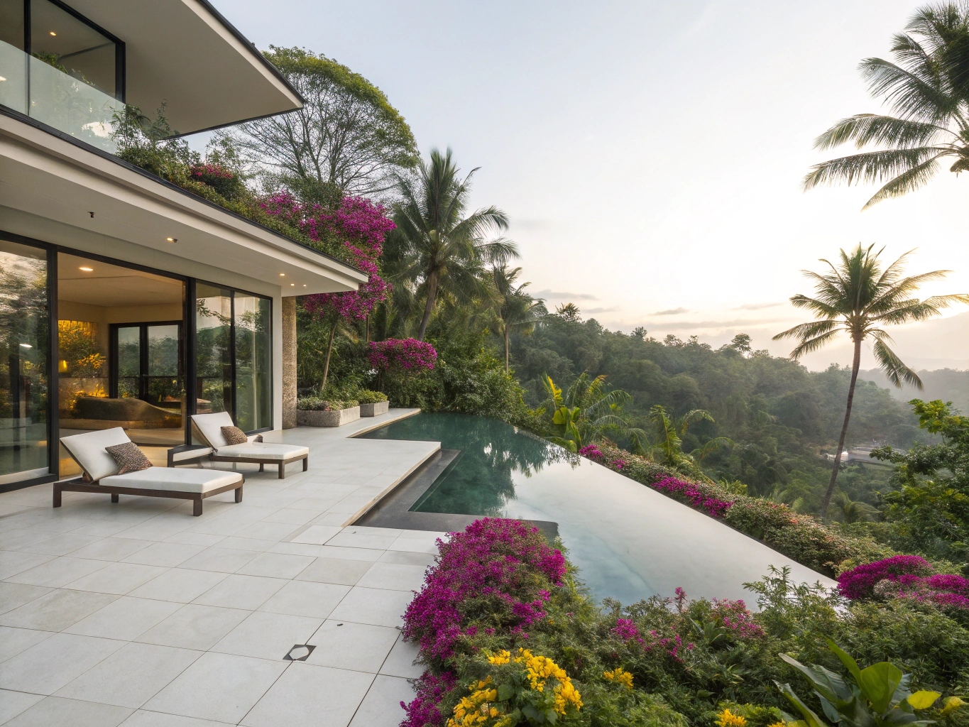 Residencia exclusiva con piscina infinita y jardines tropicales