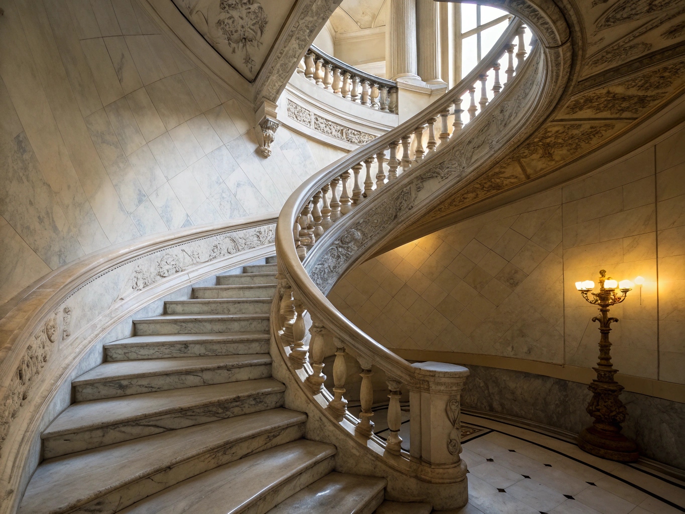 Detalles arquitectónicos de escalera en espiral con acabados en mármol