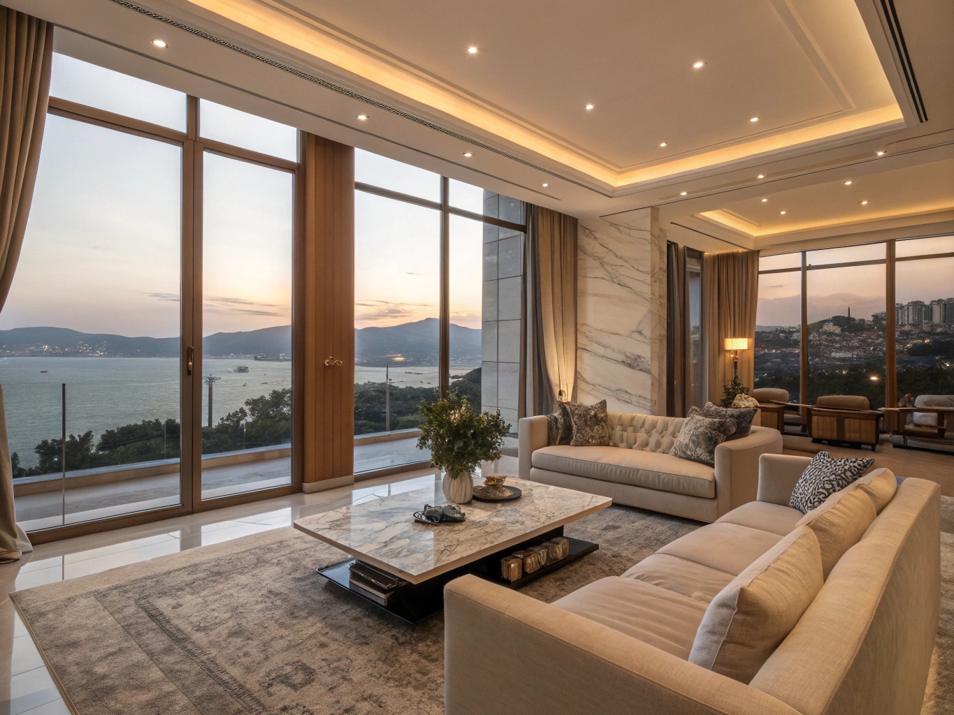 Salón de estar con amplios ventanales y vista panorámica