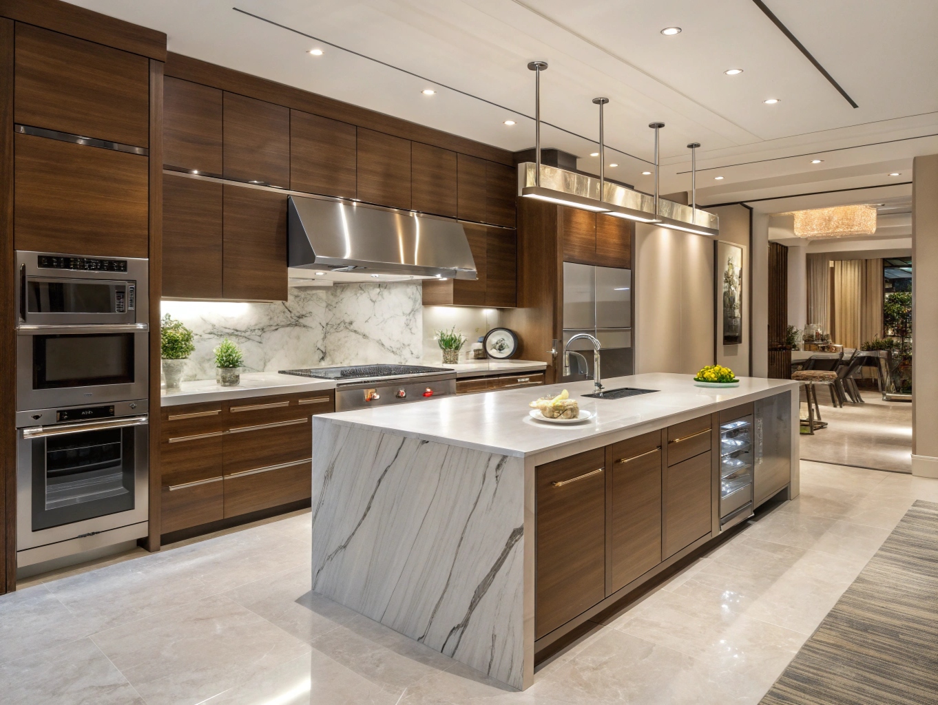 Detalle de cocina de diseño con isla central y equipamiento de alta gama